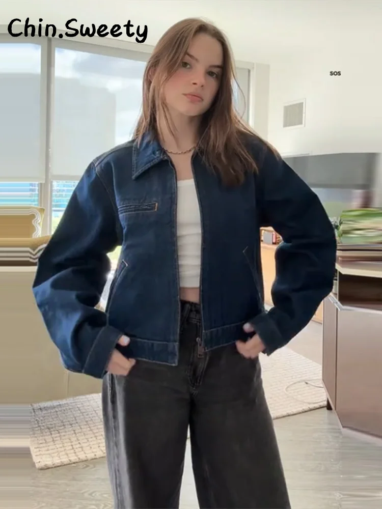 

Винтажная укороченная куртка на молнии с длинными рукавами, женская свободная однотонная куртка с карманами и лацканами, осень 202, женская верхняя одежда для уличных поездок, новинка