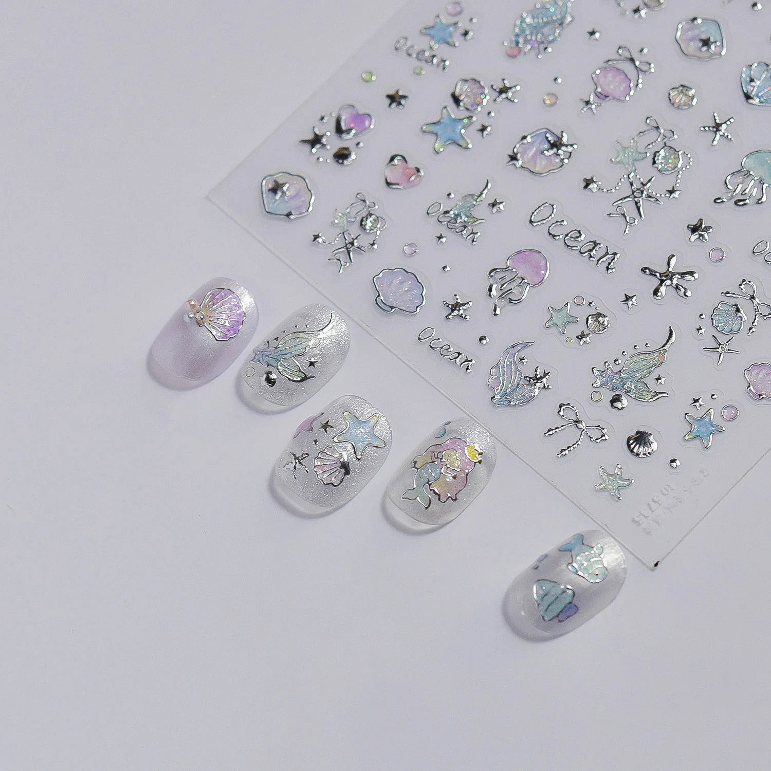 1 Sheet High Quality Ocean Starfish Jellyfish Fishtail Nail Stickers Fashion Metal Jelly Nail Art Design Decorative Decal T-5735