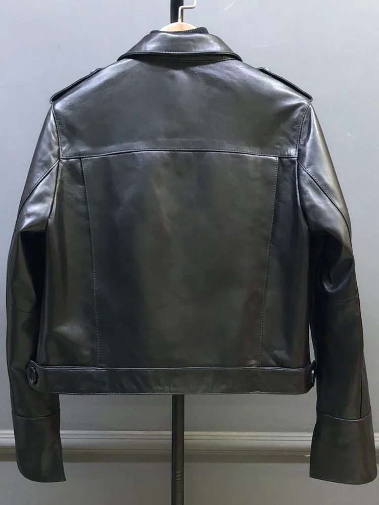 Office Female Solid Color Lapel Single-Breasted Genuine Leather Jacket Loose Sheepskin Pocket Long Sleeves Handmade Outerwear