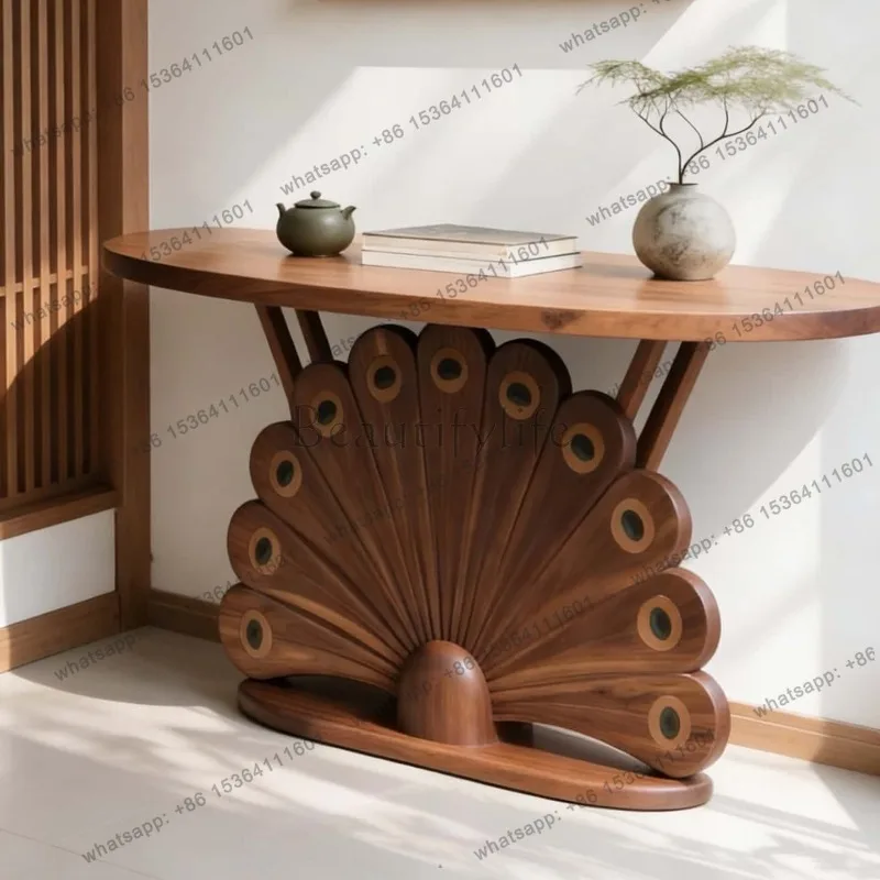 YJ Peacock Pattern Carved Solid Black Walnut Entryway Console Table New Chinese 2026 New Narrow Hallway Long End View Furnitur