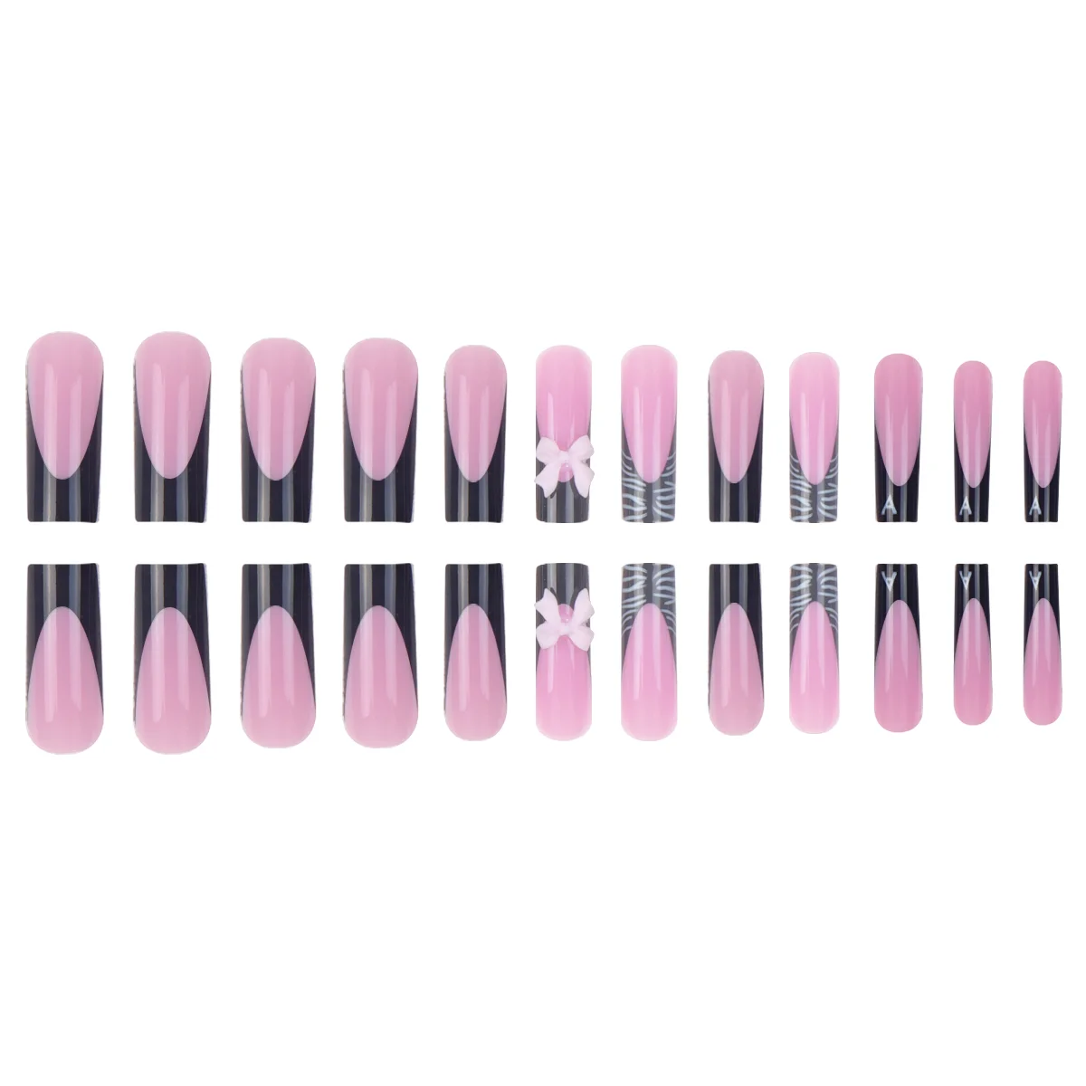 24-piece Long Coffin-shaped Black White Zebra-patterned 3D Bowknot Rhinestones Detachable ABS Full Cover False Nails Suitable