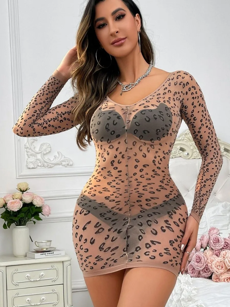 Women's Skin Color Printed Leopard Print Jumpsuit Stockings Mesh Perspective V-neck Elasticity Long Sleeved French Bodysuits DV4