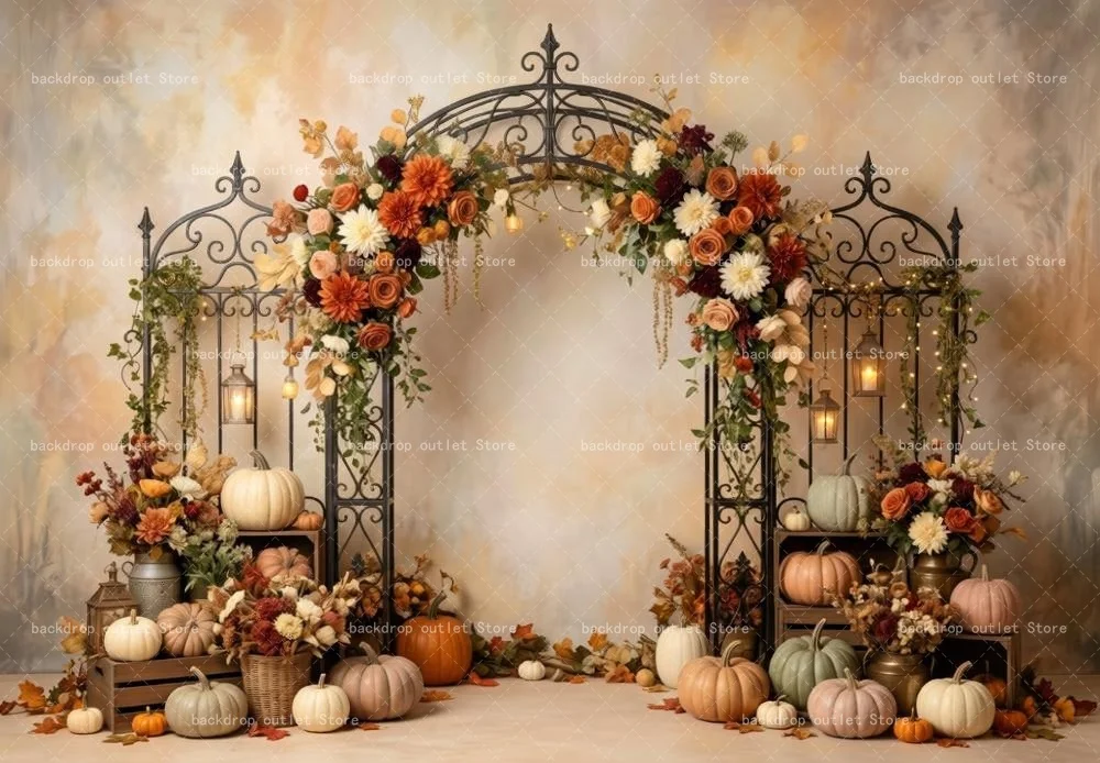 Mehofond Autumn Arch Door Photography Background Pumpkin Harvest Fallen Leaves Flower Decor Kid's Birthday Family Portrait Photo