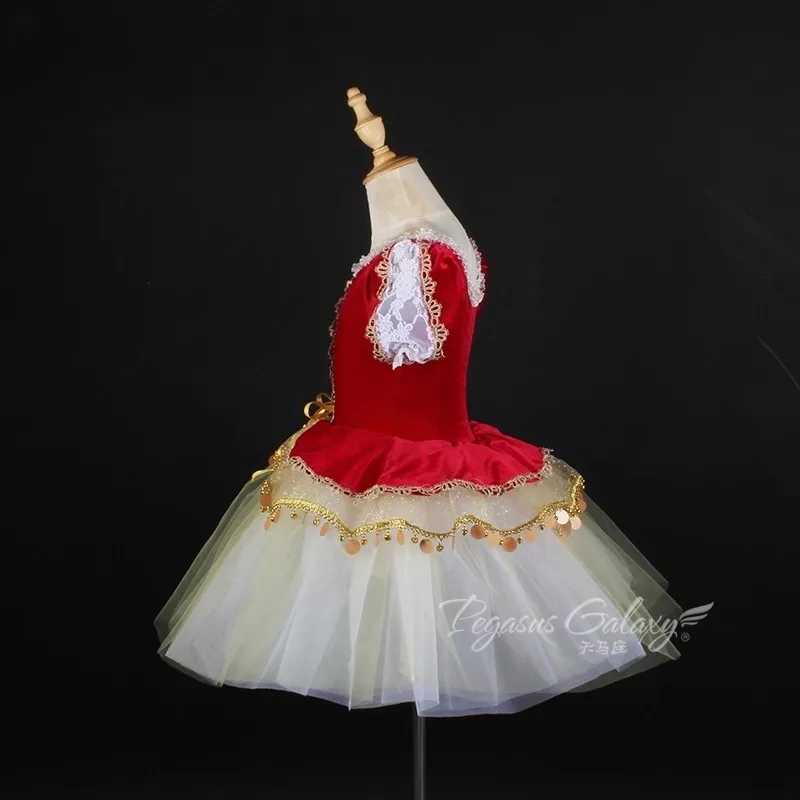 Vestido tutu de balé retrô vermelho, vestido de sino com design de palco, roupa de dança, gola de renda, manga bufante, vestido de princesa para meninas e mulheres