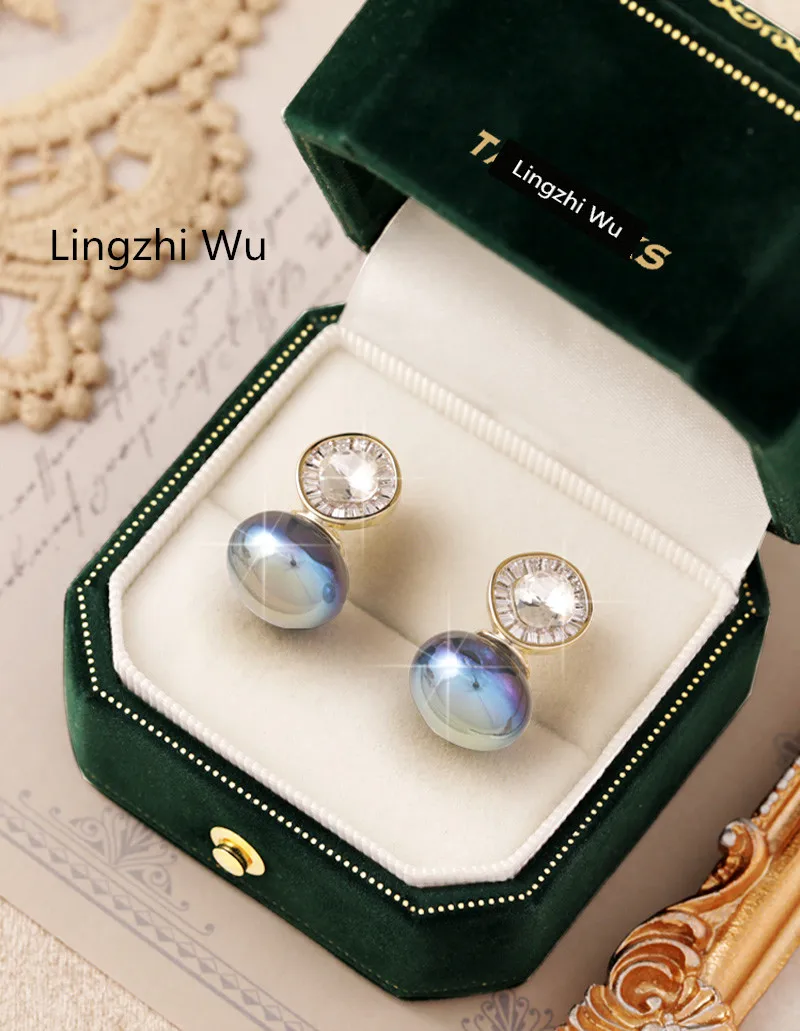 Lingzhi Wu Diamond Blue Pearl Stud Earrings for Female, Luxury, Top Quality, New Arrival