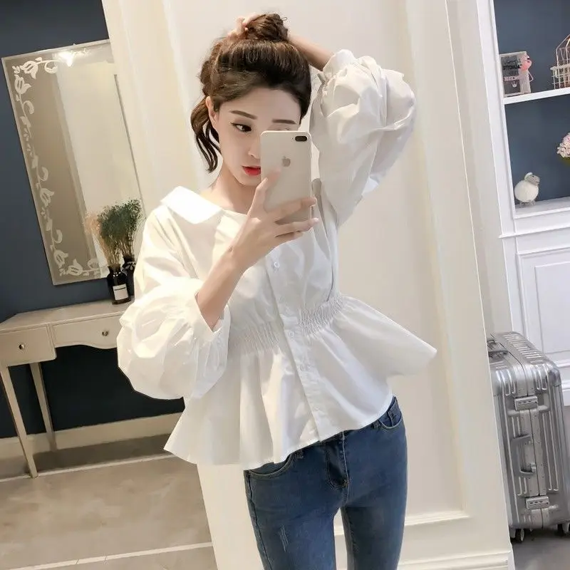 Spring Autumn Chic Long Sleeve White Shirt Women's Doll Shirt Student Waist-Cinching Lantern Sleeve Blouse Polyester Fabric