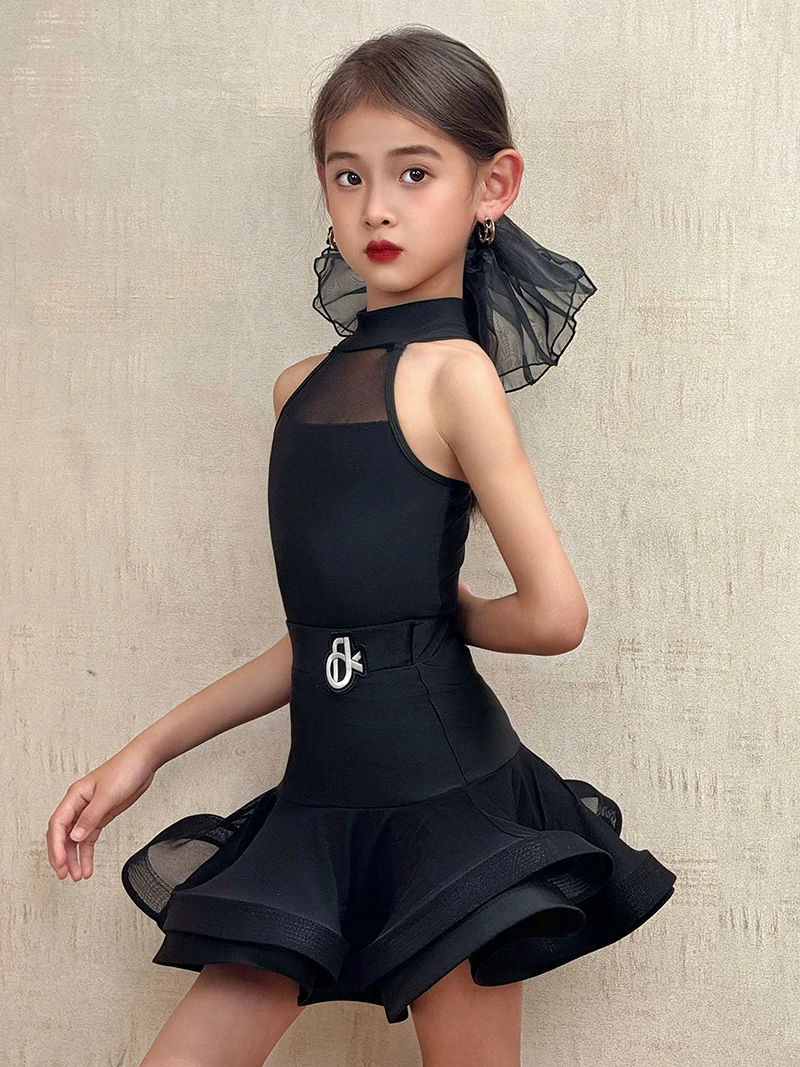Robe d'entraînement de danse latine pour enfants, body en maille sans manches et jupe Double couche en arête de poisson, vêtements de danse pour salle de bal Samba