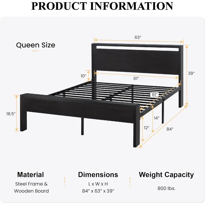 Metal Platform Bed Frame with Wooden Headboard and Footboard, Mattress Foundation, No Box Spring Needed, Large Under Bed