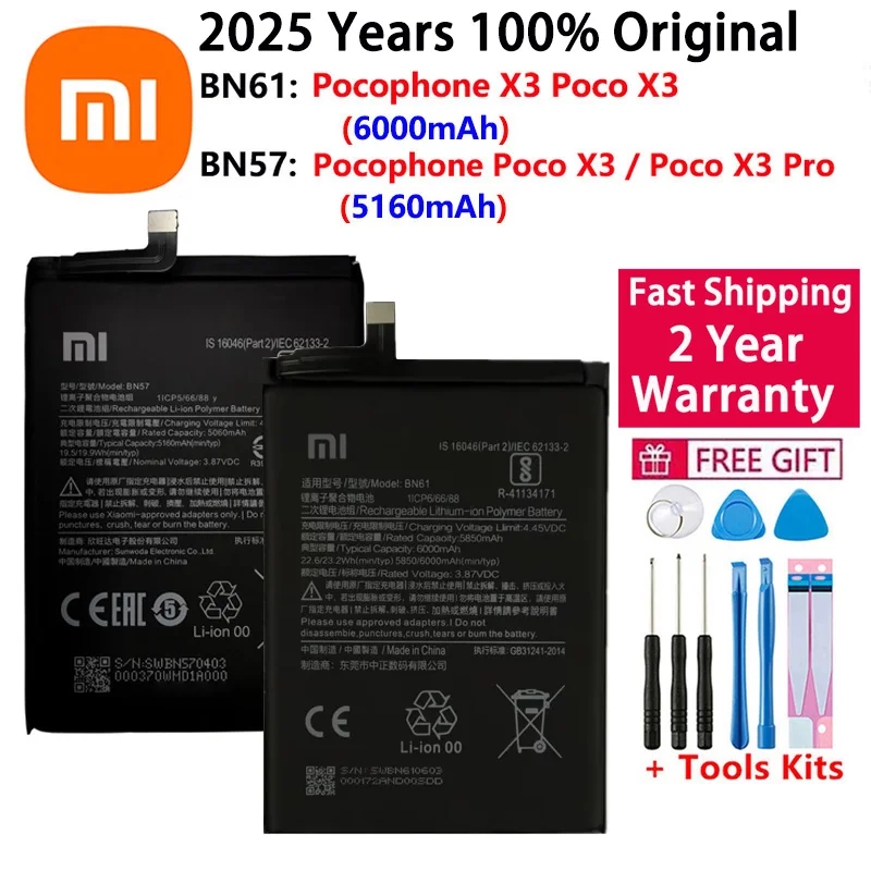 

Xiaomi Phone Replacement Battery, BN57, BN61, 6000mAh, Xiaomi Pocophone X3, Poco X3 Pro Batteries, 100% Original, 2025 Years