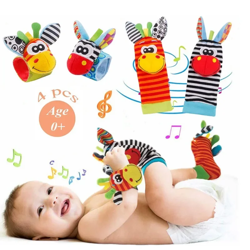 4Pcs/Set Baby Rattle Toys Socks Cute Stuffed Animals Wrist Rattle Foot Finder Socks 0~12 Months for Infant Boy Girl Newborn Gift