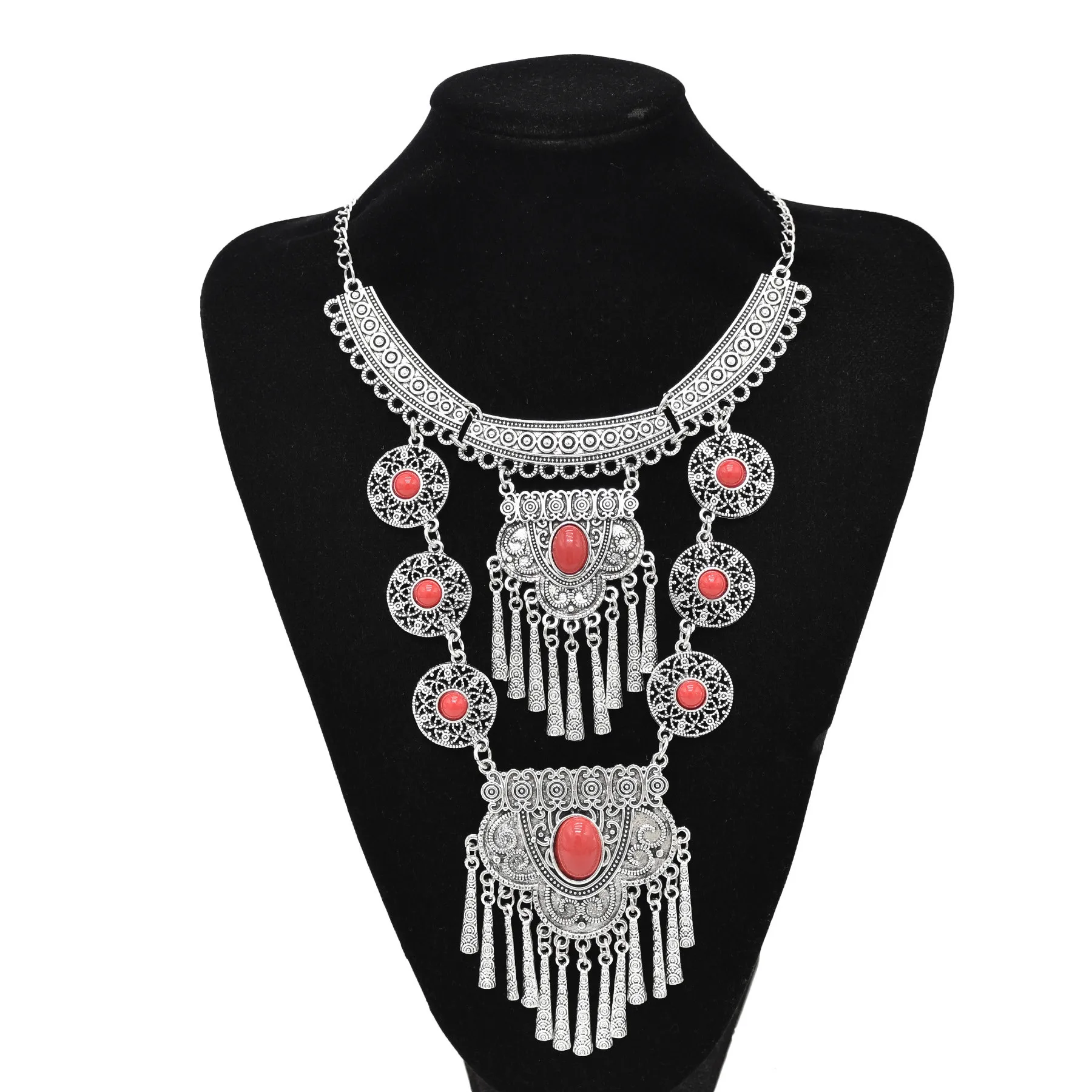 Boho Vintage Silver Imitation Turquoise Bib Necklaces Coins Pendant Women Gypsy Choker Collar Statement Ethnic Jewelry Accessory