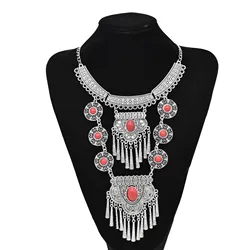Boho Vintage Silver Imitation Turquoise Bib Necklaces Coins Pendant Women Gypsy Choker Collar Statement Ethnic Jewelry Accessory