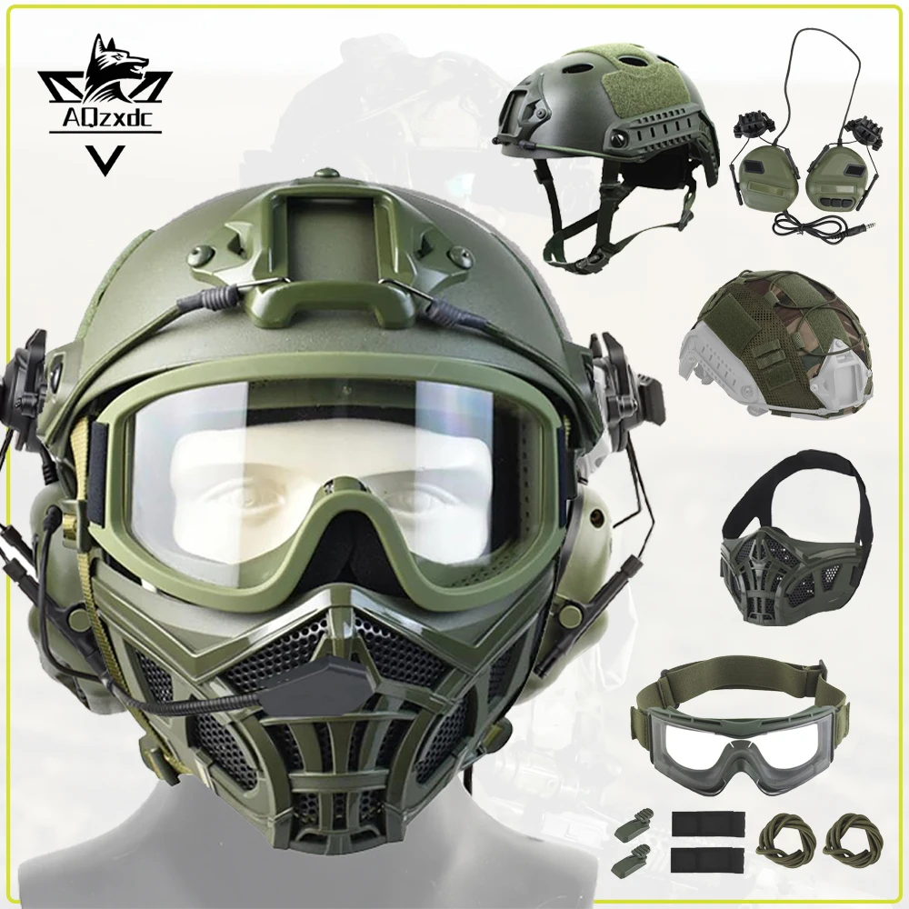 Tactical Airsoft FAST Helmet Set with Half Face Protective Masks Headphone Goggles Helmet Cloth for Hunting Paintball CS Games