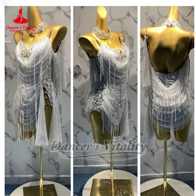 ชุดเดรสตาข่ายประดับพู่ห้อยสไตล์ลาตินเซ็กซี่ พร้อมสร้อยคอ สำหรับนักเต้น ชุดแสดงเต้นชาช่า แซมบ้า ซัลซ่า สำหรับผู้ใหญ่ แบบสลิง รับสั่งตัด