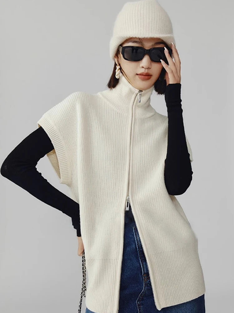 

Sli High Collar Knitted Vest Women's Loose Outerwear Sweater Zipper Design Autumn Faion Ele Layering oulder Pad