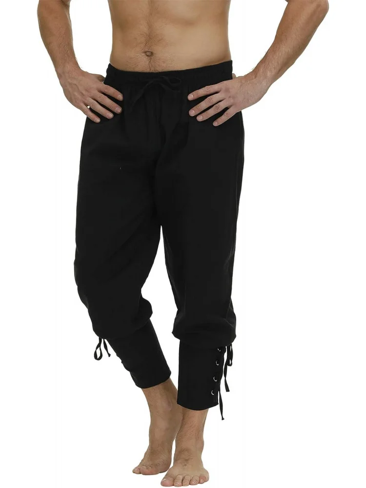 Men's Ankle Banded Cuff Renaissance Pants Medieval Viking Navigator Trousers Pirate Cosplay Costume with Drawstrings