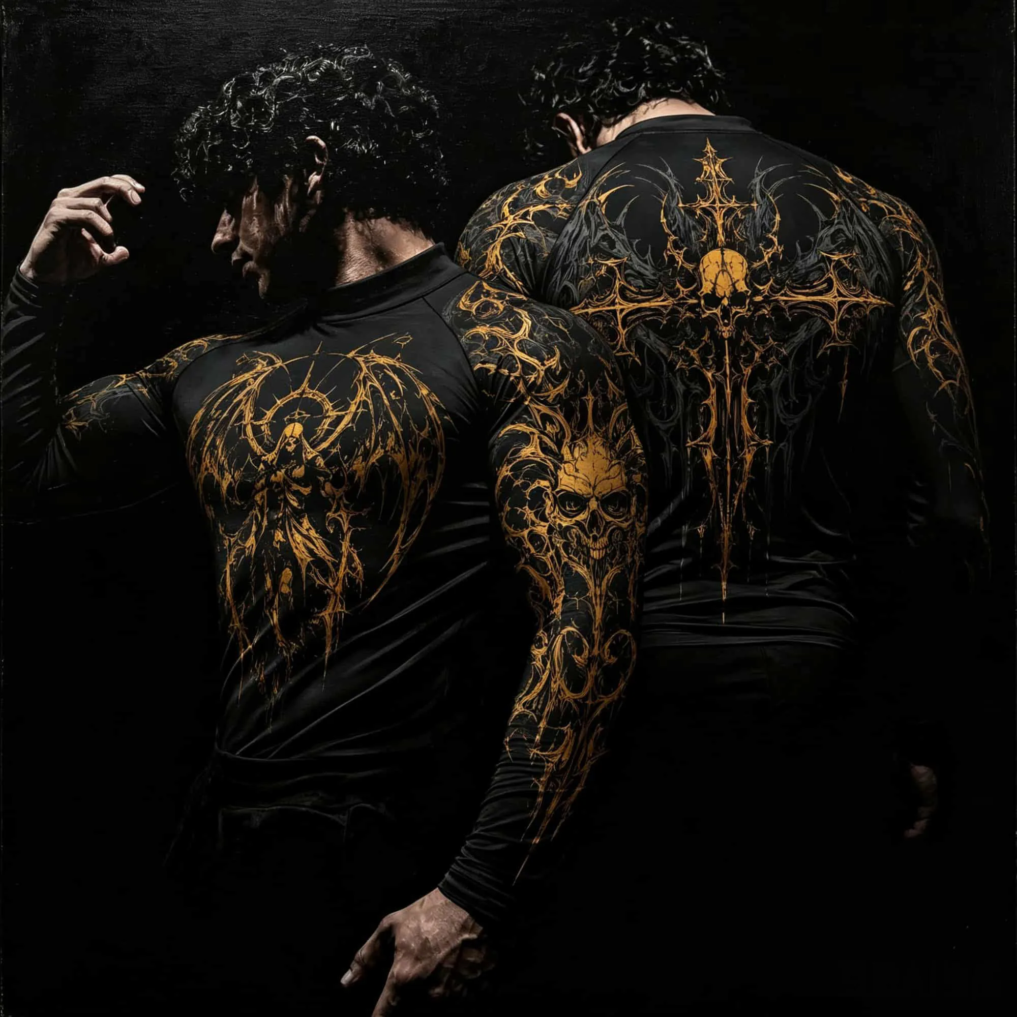 Amerikanisches Street-Style Schnelltrocknendes Sportliches Herren-Langarmshirt mit Stehkragen, dunklem Gothic-Engel-Print, hautengesportliches Oberteil für das Fitnessstudio. – Detail 2