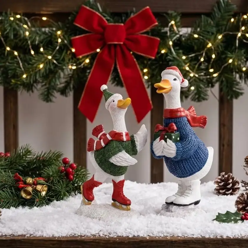 1pc Christmas Resin Duck Figurines Ice Skating Ducks Statue Winter Tabletop Ornament Holiday Home Room Decor Christmas Gifts