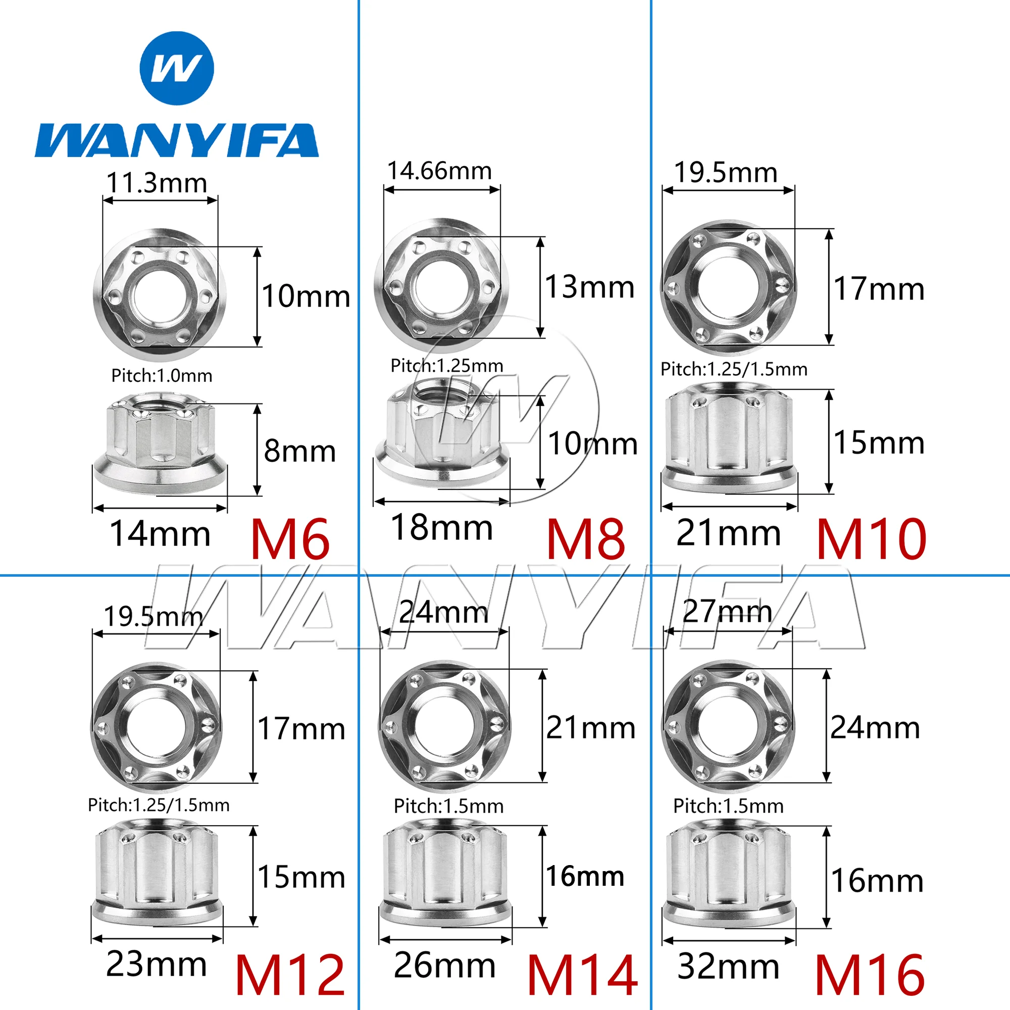 Wanyifa Nakrętka tytanowa M6 M8 M10 M12 Skok 1,25 M14 Skok 1,5 M16 Skok 1,5 Nakrętki sześciokątne z kołnierzem Torx Łącznik Ti — zdjęcie 7