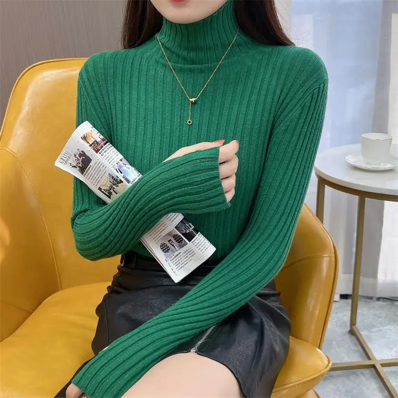 Women's High-neck Long Sleeve Solid Color Pullover Knitted Casual Autumn Winter Comfortable Flattering Screw Thread Tops