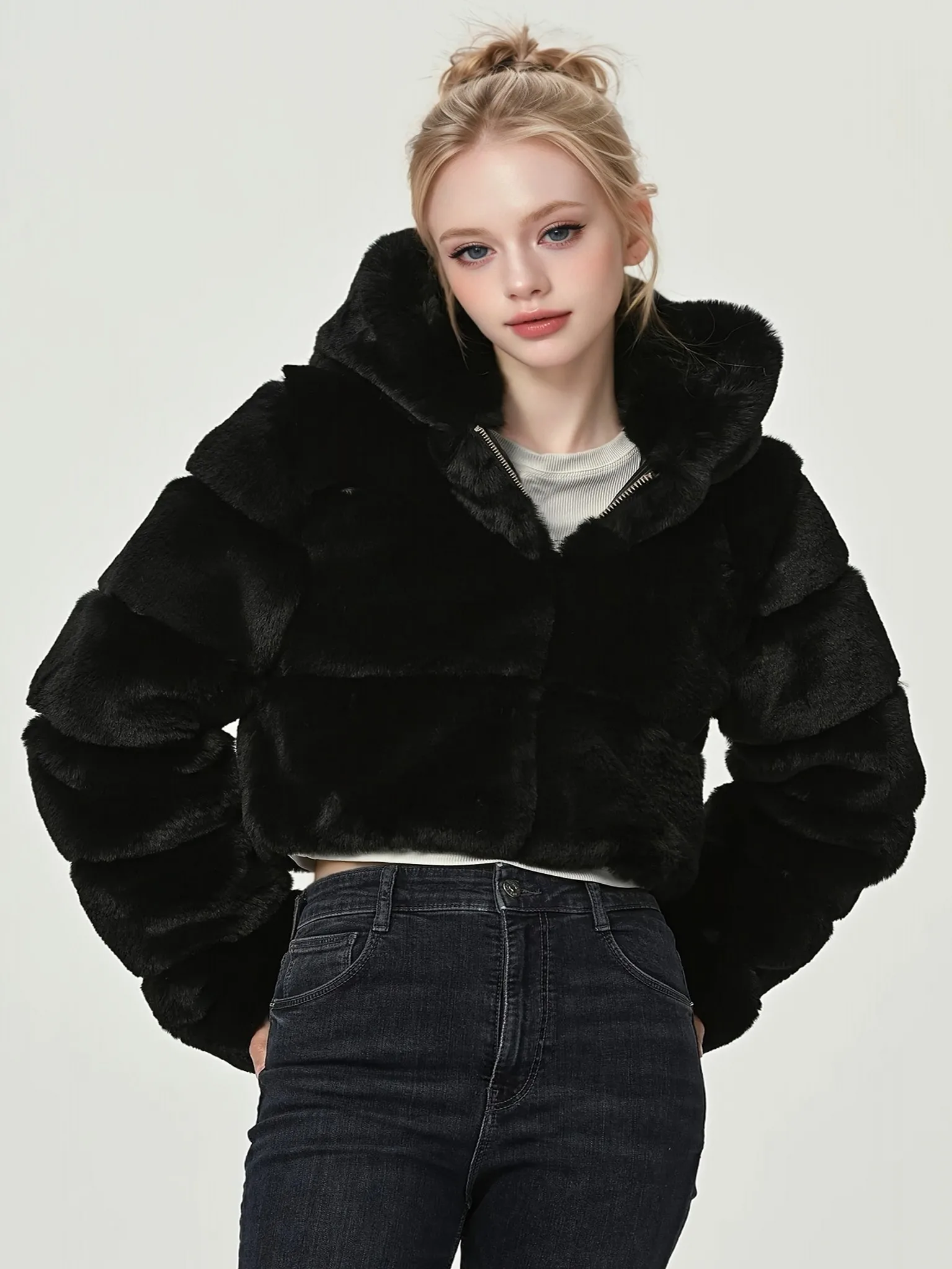 Женская шуба больших размеров из искусственного меха, модная и теплая для поездок на работу, короткая шуба из искусственного меха на молнии с капюшоном для женщин