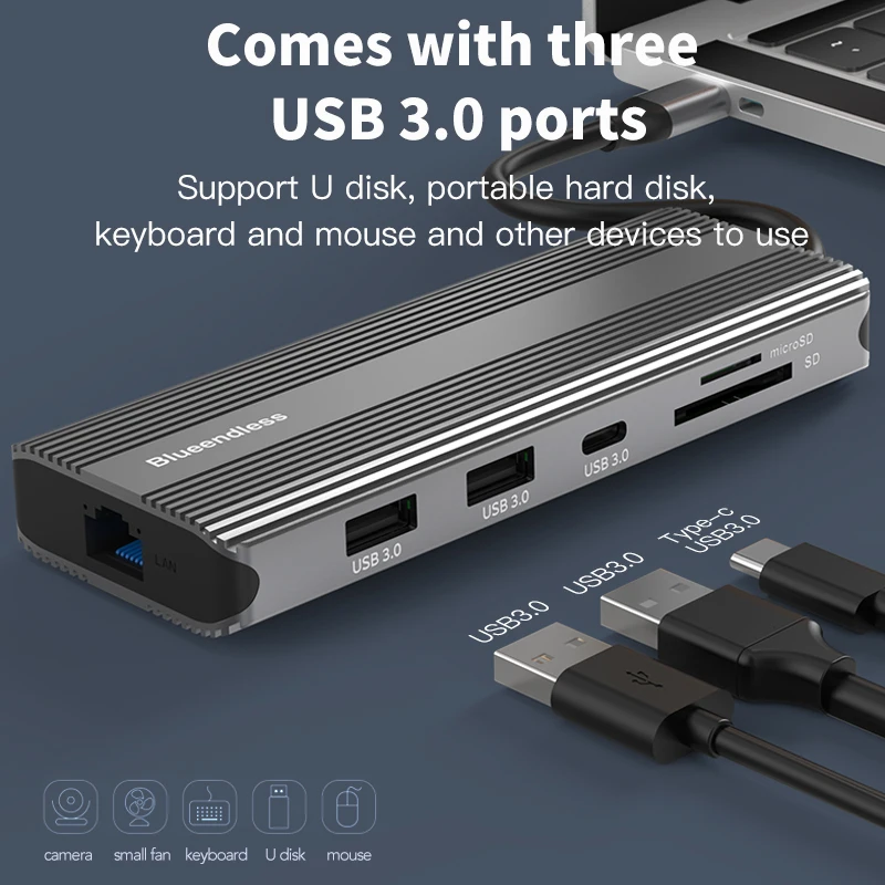 Blueendless Usb C Hub 10พอร์ตฟังก์ชั่น4K120Hz จอแสดงผลประเภท C แท่นวางมือถือ Ethernet Adapter USB 3.0 HUB สำหรับแล็ปท็อป