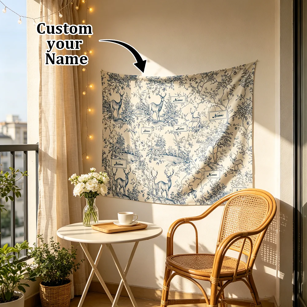 1PC Personalized Blue Deer Forest Toile Tapestry Custom Name Vintage Elk Tree Wall Hanging Bedroom Cabin Lodge Aesthetic Decor
