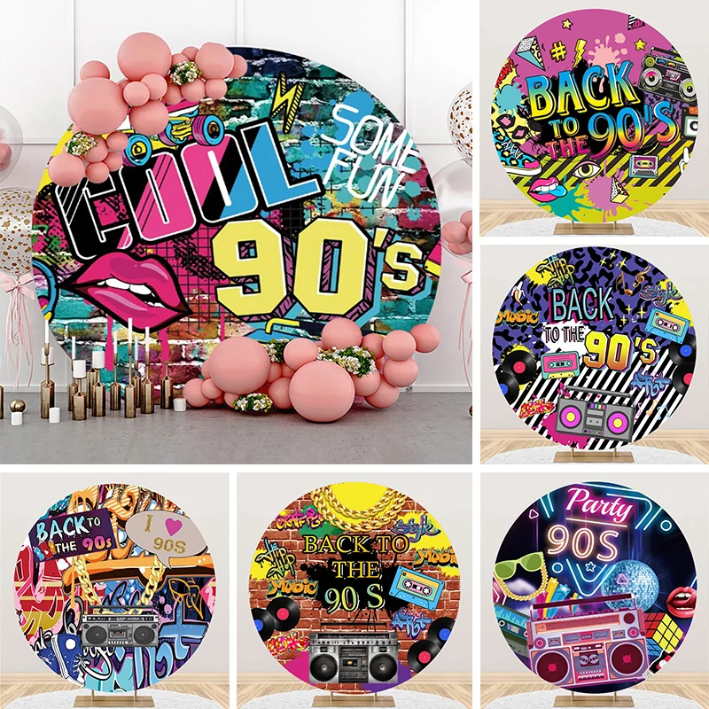 90s Party Backdrop Round Cover 90s Birthday Party Decorations Hip Hop Street Art Graffiti Birthday Wall Banner Circle Background