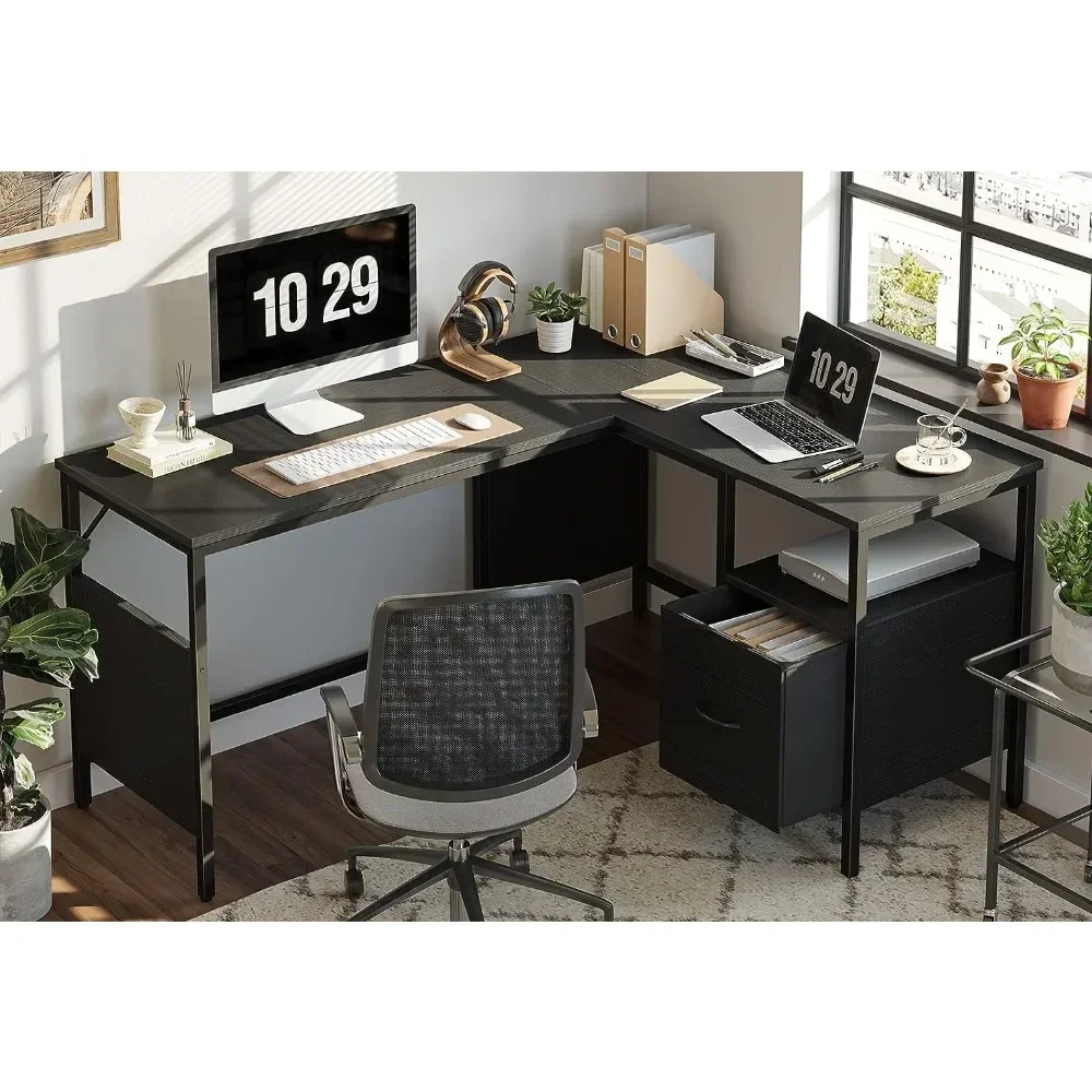 CubiCubi L Shaped Desk with Shelves, 59.1 Inch Corner Computer Desk, Home Office Gaming Writing Workstation , Black