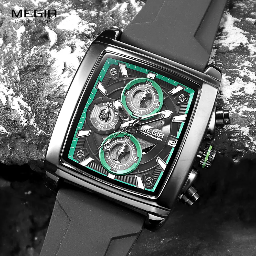 MEGIR Black Silicone Strap Quartz Watch for Men Rectangle Dial Waterproof Chronograph Sport Wristwatch with Luminous Hands Date