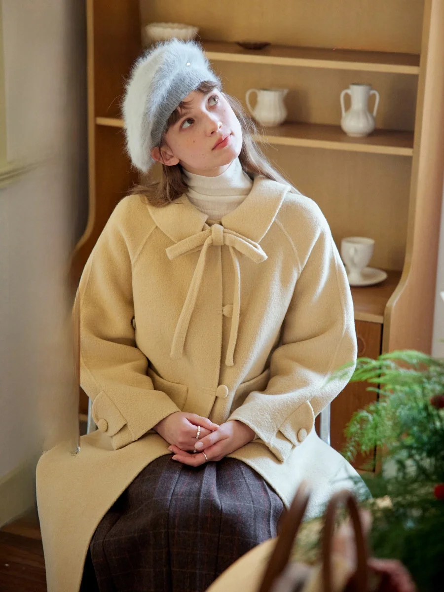 

Double-Faced Woolen Coat Women's Silken Outerwear with Bow-Tie Decorative Line Rectangular ape Long Sve Vintage Sle