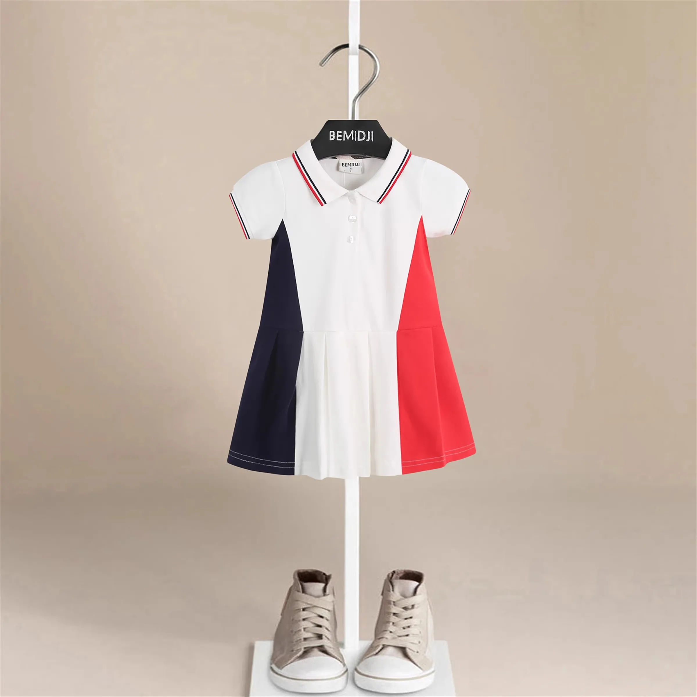 Kids Casual Clothes Summer Girls Short Sleeve Polo Dress Ruffled Hem Print Princess Dress Cotton Contrast Color Tennis Skirt