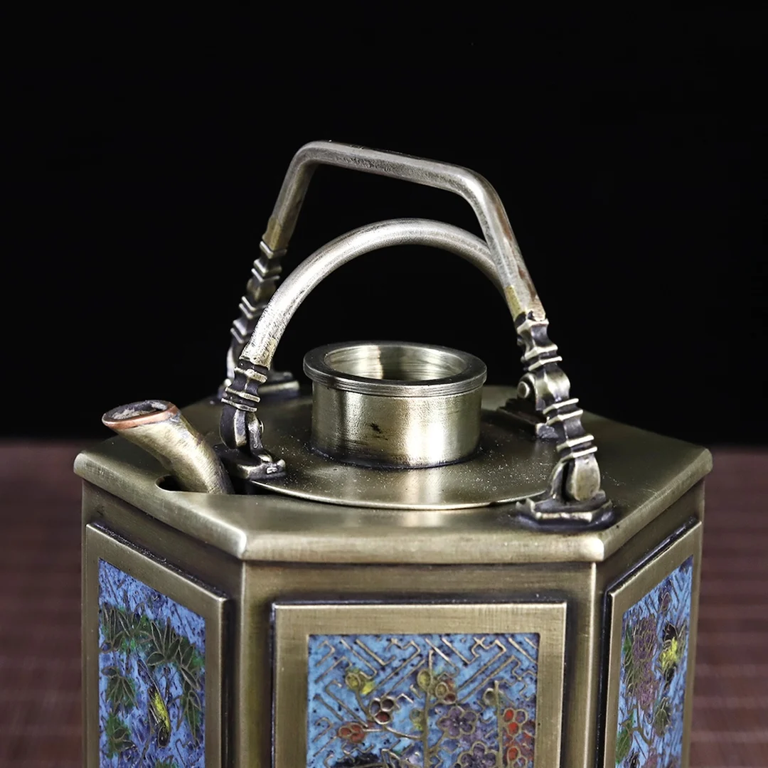 White Copper Jingte Blue Floral And Bird Hexagonal Handle Wine Warmer, Height 16Cm, Weight 678 Grams