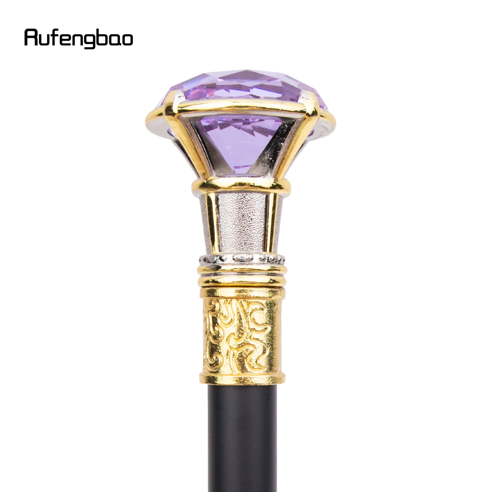 Light Purple Diamond Single Joint Golden White Walking Stick Hidden Plate Self Defense Fashion Cane Cosplay Crosier Stick 90cm