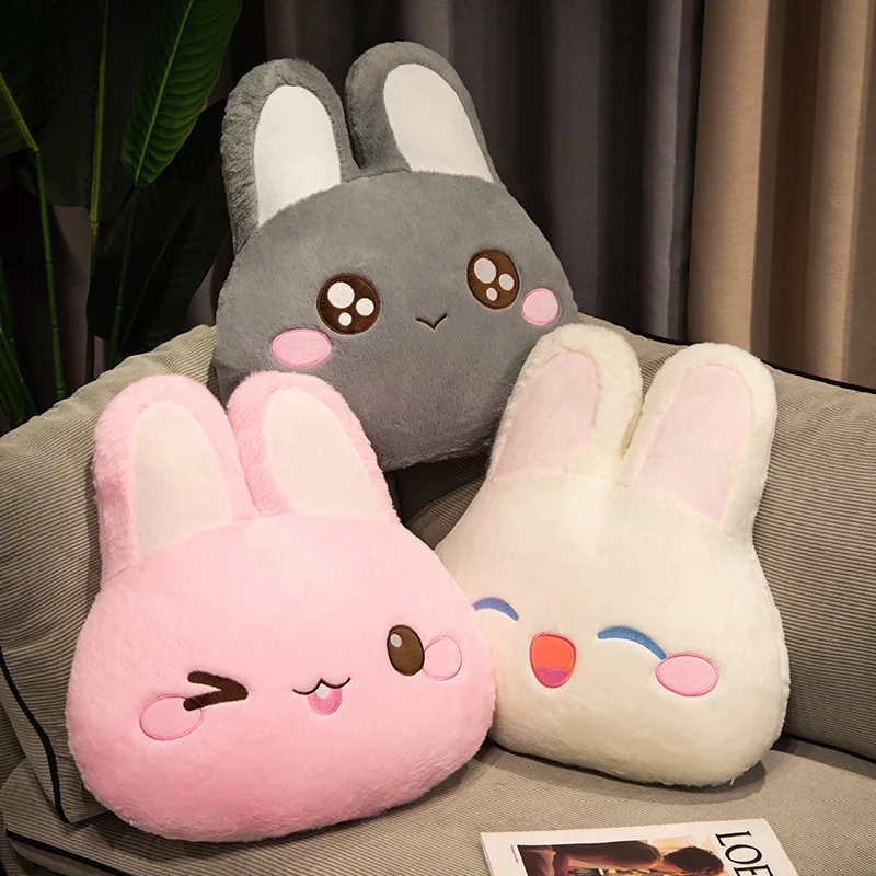 Washable Kawaii Rabbit Animal Plush Pillow Stuffed Emotion Grey Pink White Green Blue Cartoon Bunny Seat Cushion Decor Gift