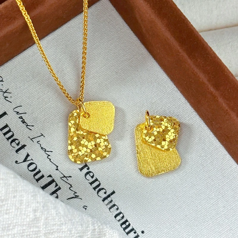 Fahsion 18k Gold Color Crushed Ice Brushed Double-sided Trapezoidal Pendant for Women Birthday Wedding Party Jewelry Gifts