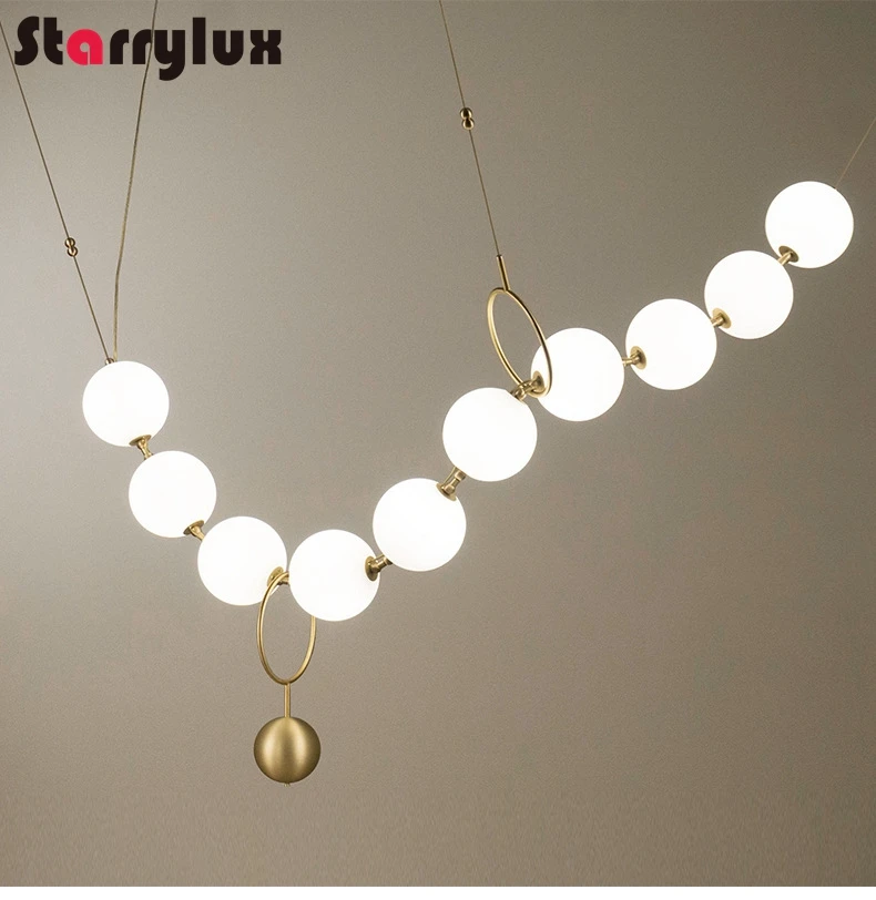 French Pearl Chandelier Nordic Living Room LED Pendant Light Full Copper Dining Light Acrylic