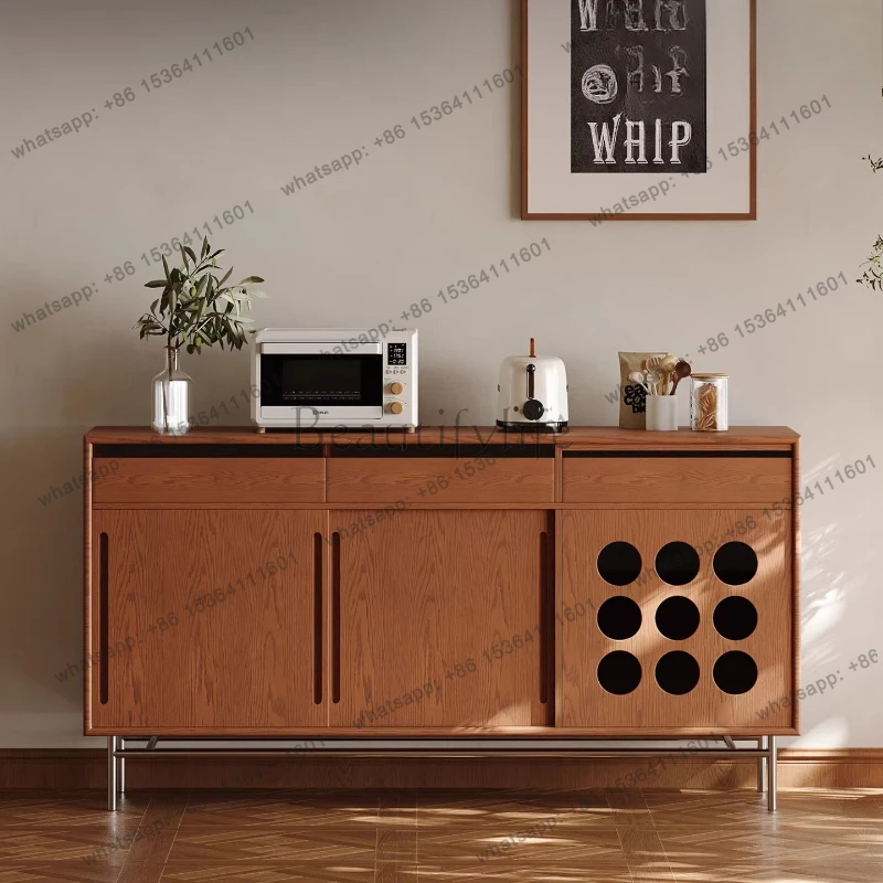 

Medieval style solid wood dining side cabinet against the wall, locker, wabi sandy wind, large-capacity storage