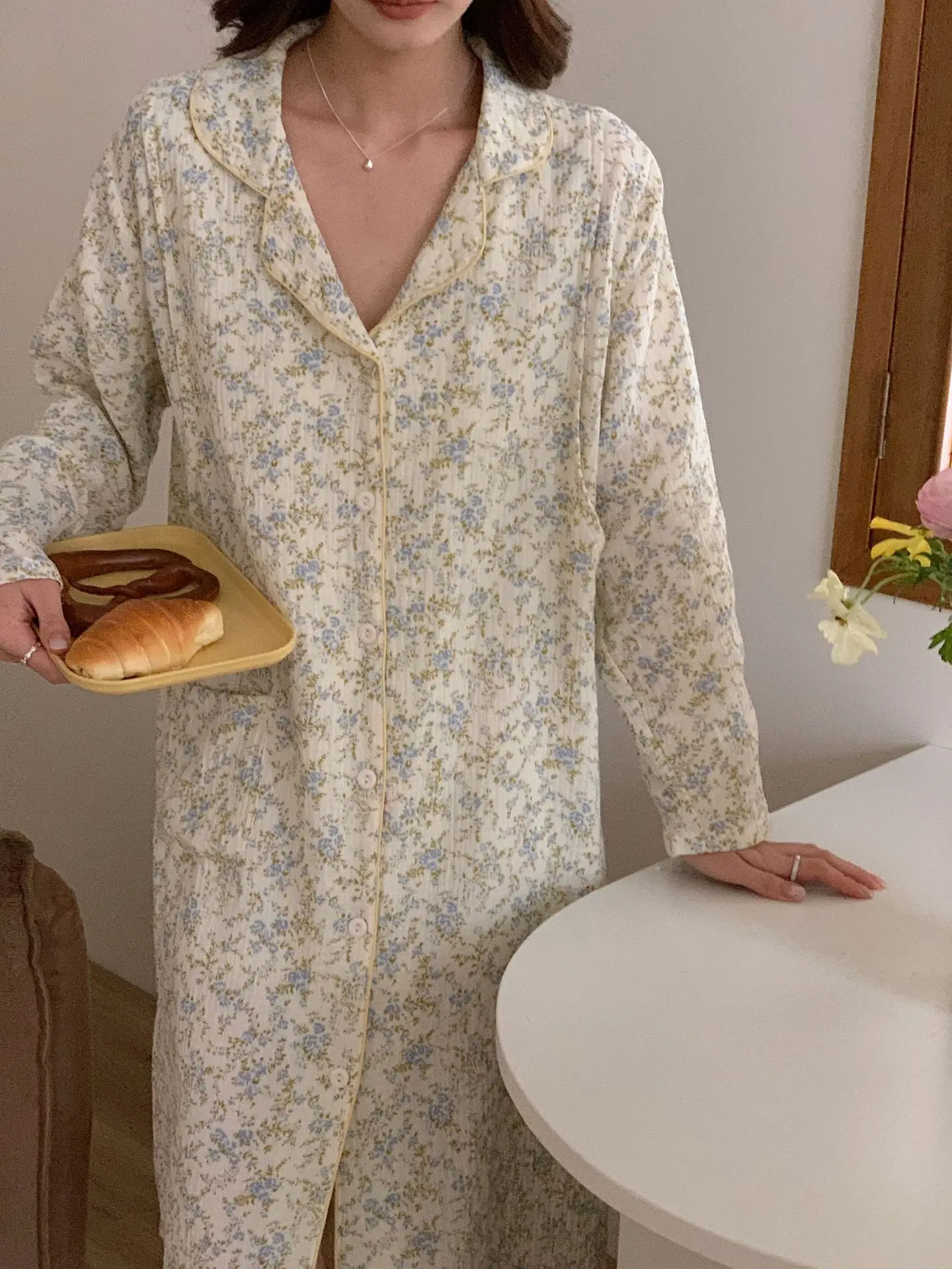 순면 용수철 임산부 옷, 임산부 원피스, 긴팔 잠옷, 모유 수유 잠옷, 여름