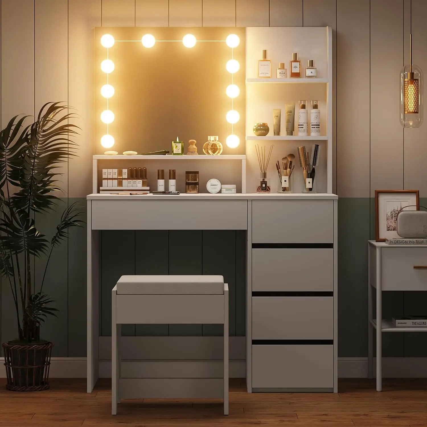Vanity Mirror with Lights and Table Set with 5 Drawers, Vanity Set 3 Lighting Modes Brightness Adjustable for Bedroom Studio