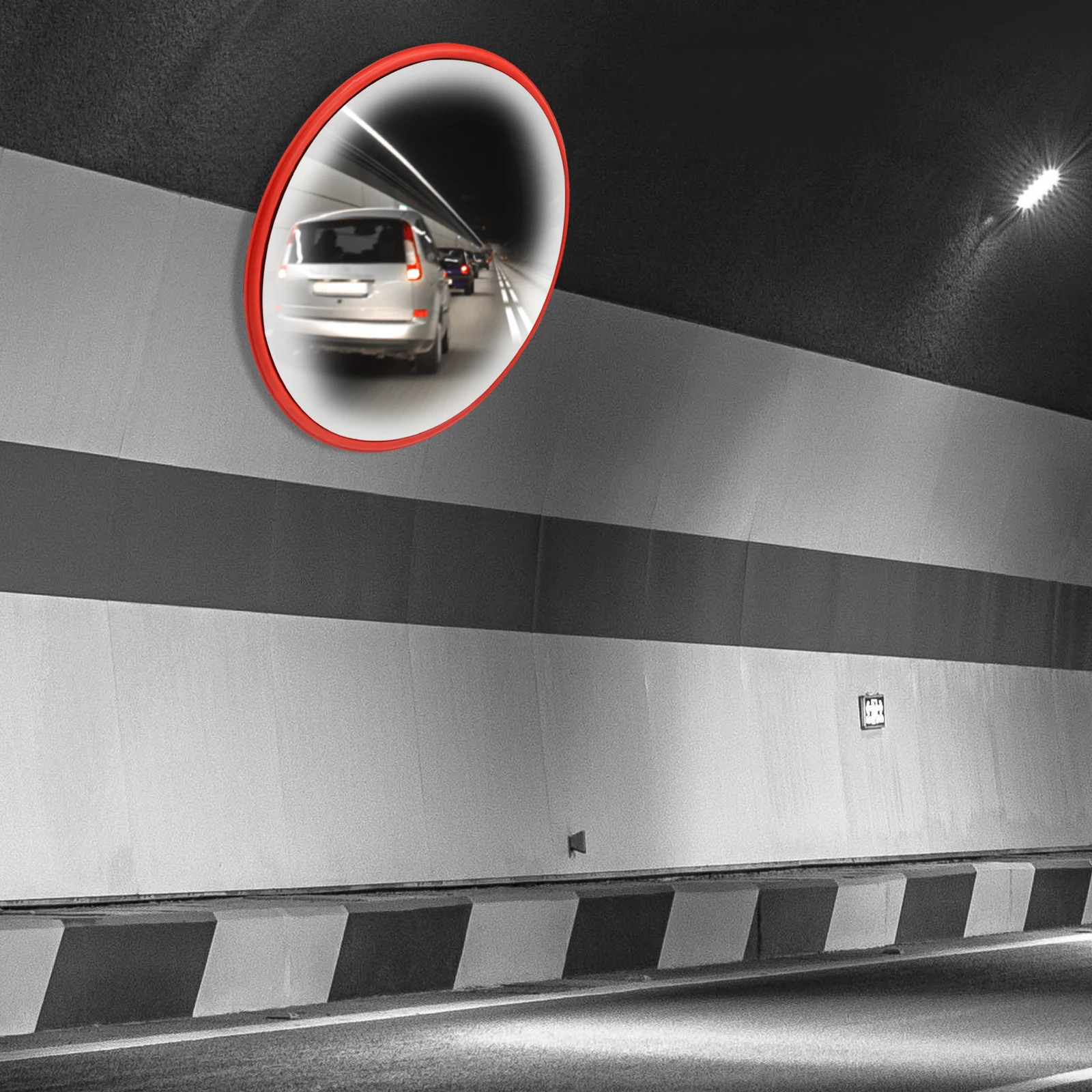 

Bright Red Convex Mirror External Protective Film 230° Wide Angle Durable Plastic Frame For Blind Spot Monitoring Warehouse