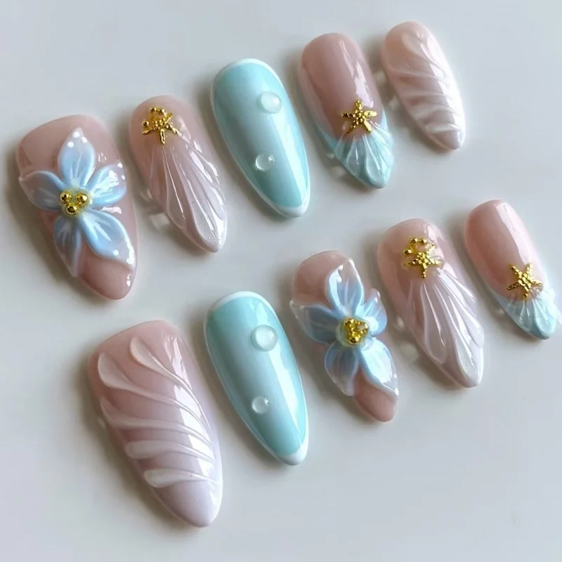 

24Pcs 3D Green Ripple Design False Nails Cat's Eye French Almond Fake Nail Tips Leaves Pattern Removable Oval Press on Nails