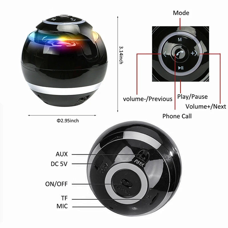 BPDIA Mini BT Speaker Wireless Speaker Colorful LED TF Card USB Subwoofer Portable MP3 Music Sound