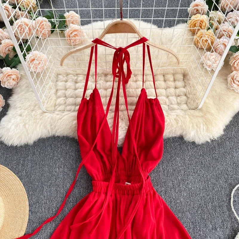 Summer Women\'s Party Dress Seaside Holiday Pure Color Halter Neck Strap Halter Strap Dress New Beach Female Dresses FC090