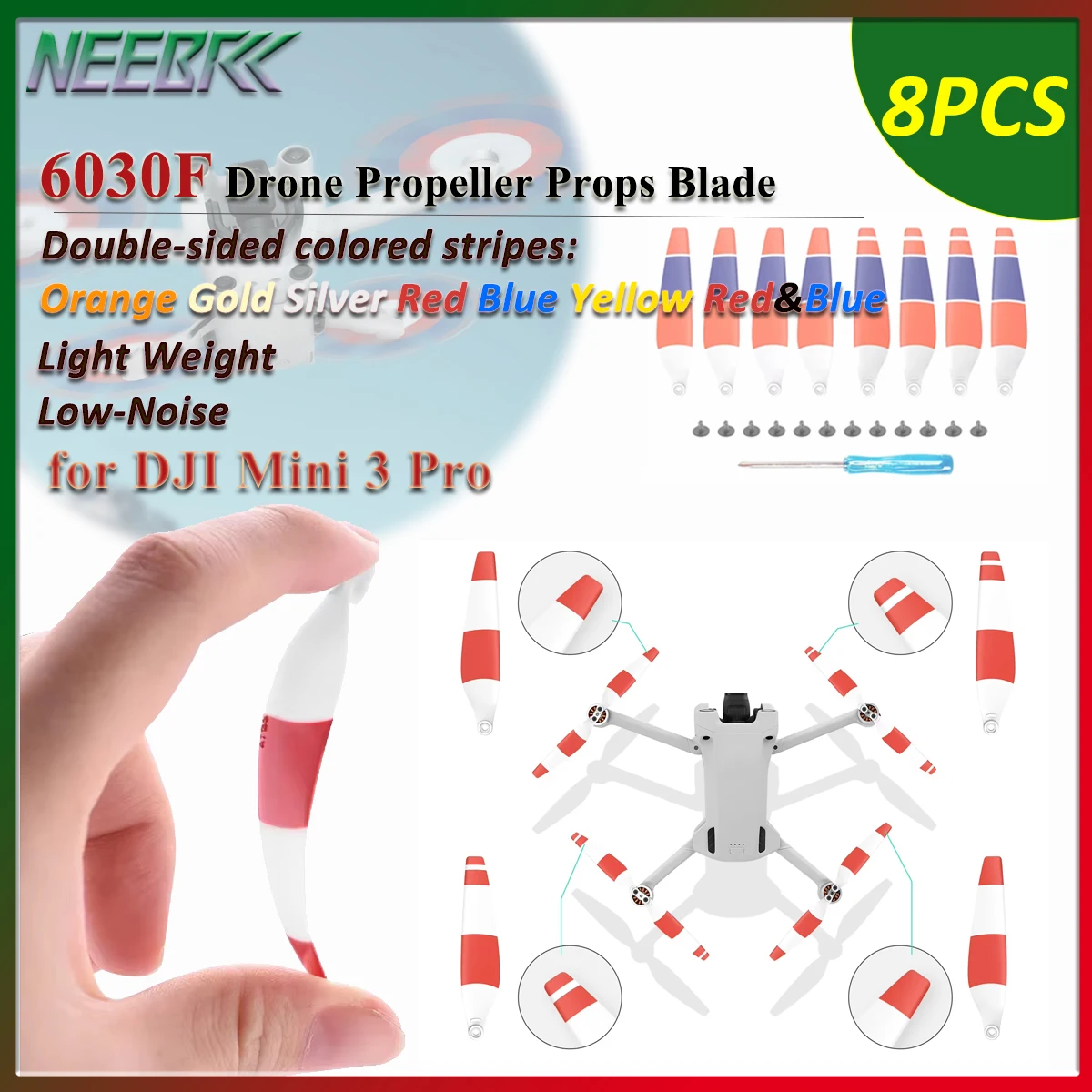 8PCS 6030F Drone Propeller Props Blade Colorful Stripes Light Weight Low-Noise for DJI Mini 3 Pro Replacement Spare Accessories