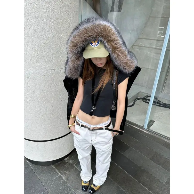 القوطية الأسود فو الفراء هوديي المرأة 2025 العصرية اقتصاص الرمز البريدي سترة الشارع موضة ملابس خارجية غير رسمية #4