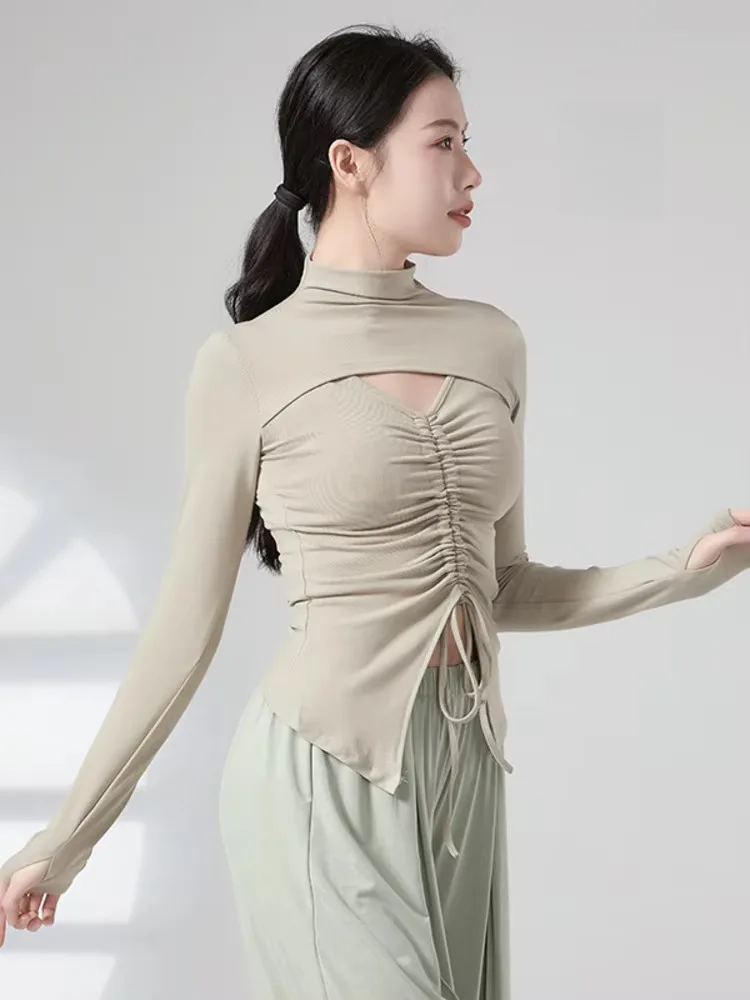 

Solid Color Drawstring Hollow-Out High Neck Slim Fit Long Sleeve Top for Women – Classical Dance Performance Wear Clothing