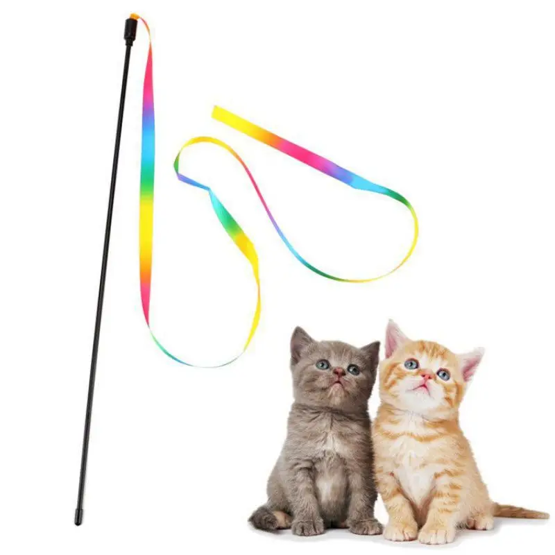 Cat Toys Funny Cat Stick Interactive Toy Double-sided Rainbow Ribbon Cat-teaser Stick Pet Cat Teasing Stick Cat Supplies