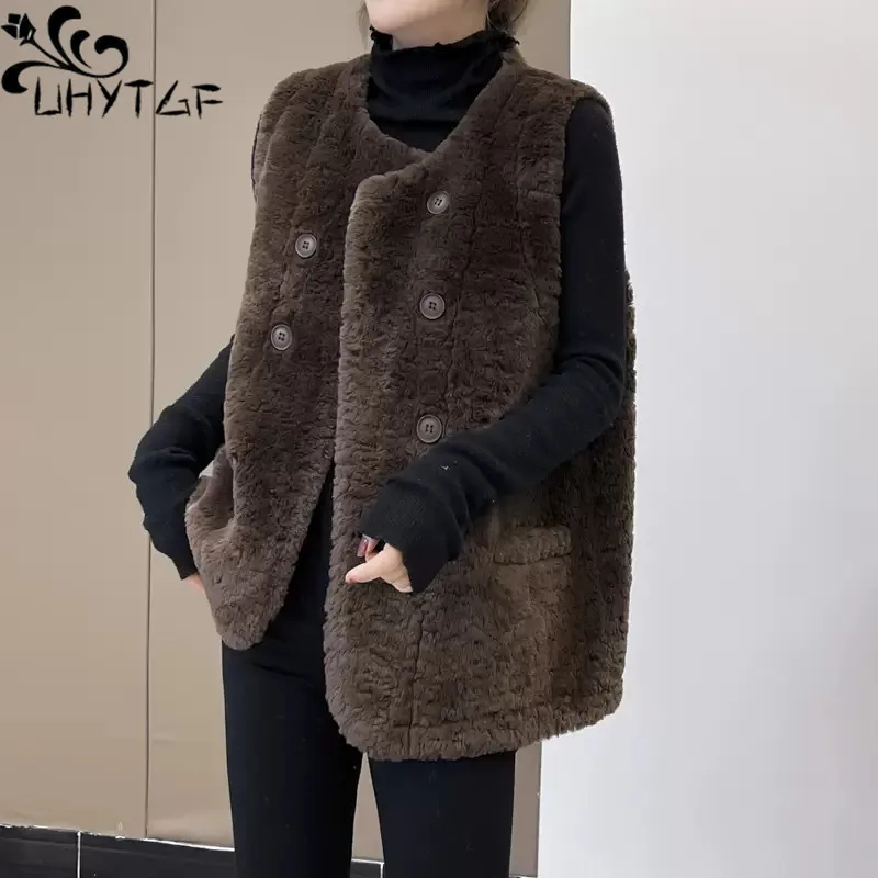 

UHYTGF Sleeveless Women Coat O Neck Double Breasted Autumn Winter Vest Jacket Female Casual Warm Lamb Wool Waistcoat Ladies 2097