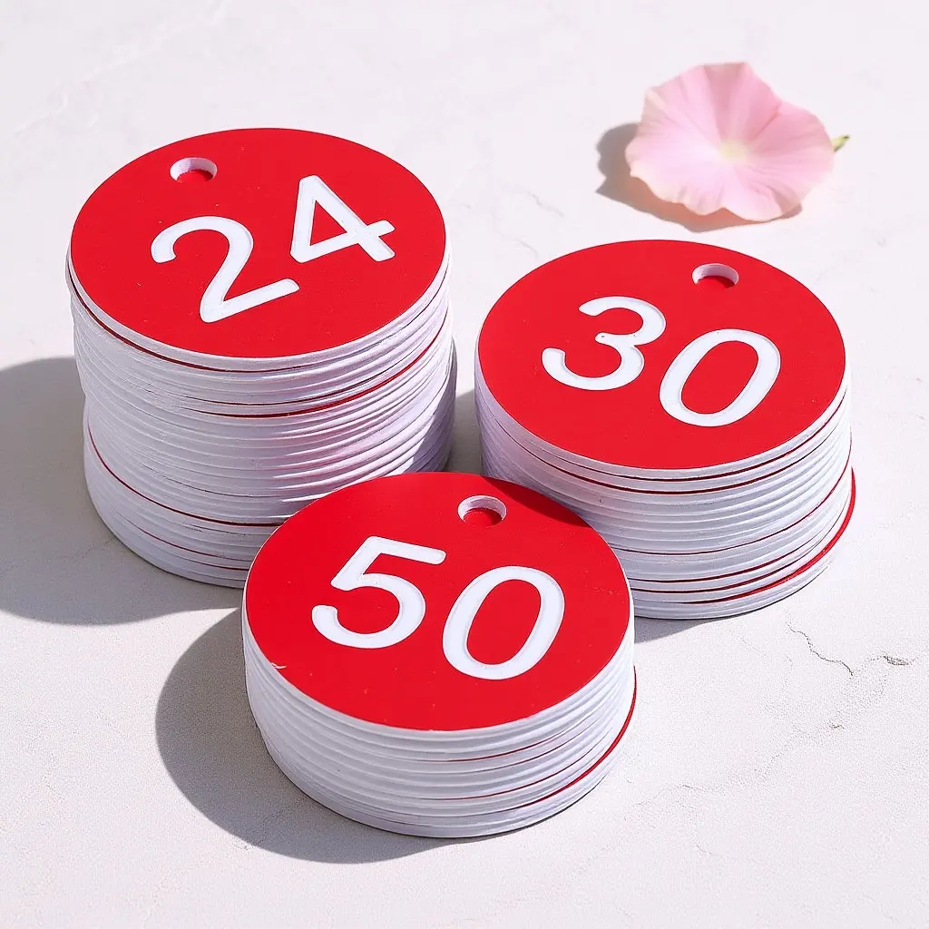 

50 шт. пластиковых круглых красных гравированных идентификационных бирок с номерами для отелей, офисов, дома, складов, многофункциональные, подвесные, с номерами